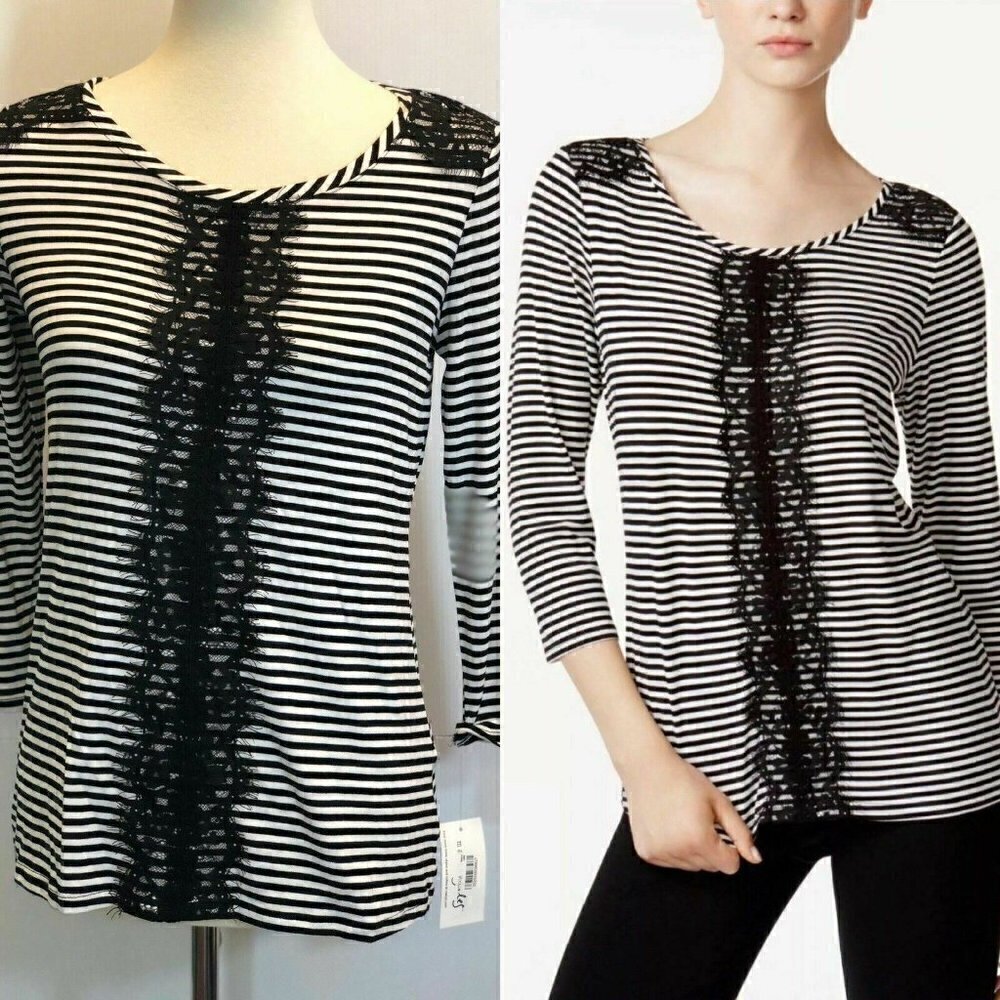 Maison Jules Women's Black Striped Lace-trim Top S
